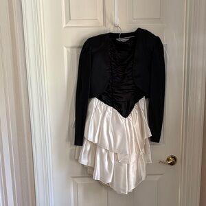 Black and White Satin Tiered Prom Dress with Bolero